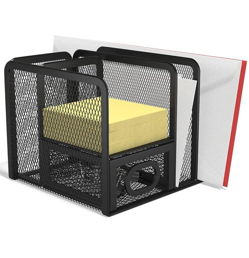 1InTheOffice 5 Compartment Wire Mesh Accessory Holder, Mesh Desk Organizer, Organizer for Desk, Matte Black, 1 Pack