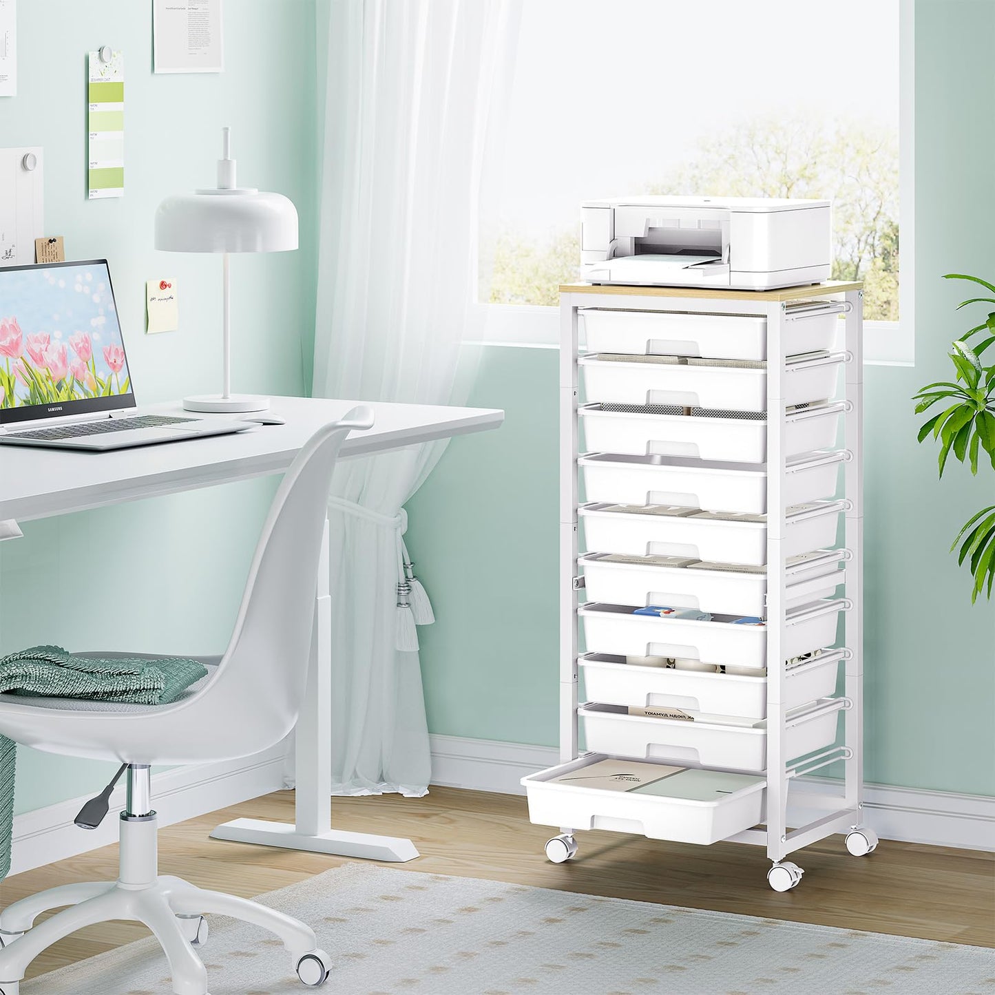SYKIARIOL Rolling Cart with Drawers,10 Drawer Rolling Cart,Rolling storage cart with drawers,White Rolling Drawer Cart,Teacher Rolling Cart for Classroom Storage,Craft Cart with Wooden Tabletop