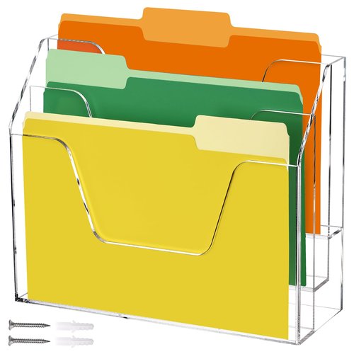 Tfirhuoe Wall Hanging File Folder Organizer for Desk, 3-Tier Acrylic Magazine Rack Wall Mount File Holder, Clear Paper Document Office Organizer - 1 Pack