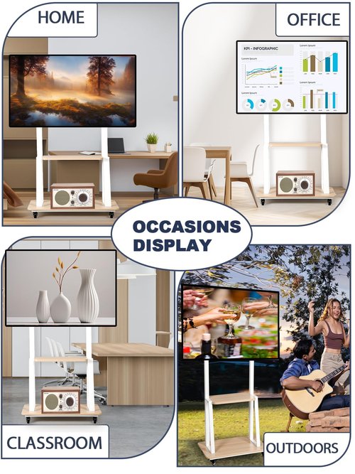 Mobile TV Stand Rolling TV cart for 32-75 Inch Rolling TV Stand with Wheels Flat/Curved LED/LCD/OLED Height Adjustable Heavy-Duty Portable Floor Mount with Wood Shelf Holds up to 100lbs White