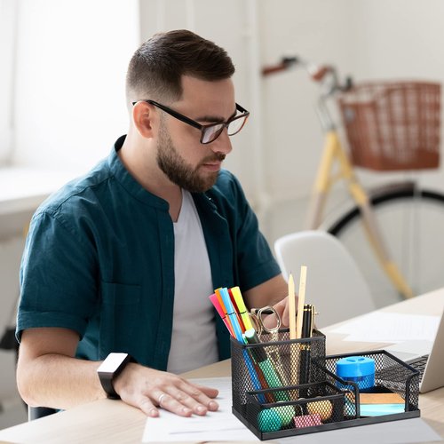 4 Pcs Mesh Desk Organizer 3 Compartments Mesh Pen Holder Sticky Notes Pencil Holder Black Metal Caddy Desk Pen Organizer for Desktop Accessories Storage Baskets Home Office and School Supplies