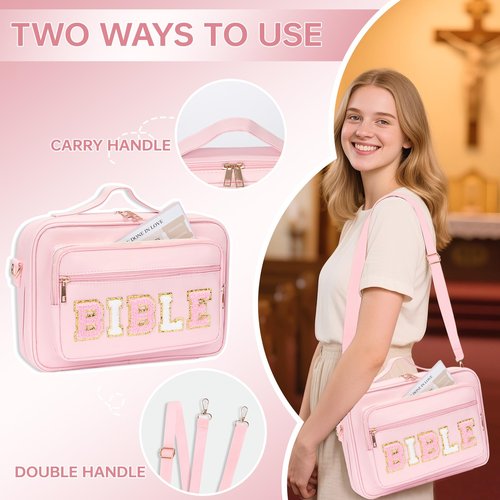 Bible Cover Case for Women Large Bible Bag with Bible Highlighters Tabs Bble Case Leather Western Bible Cover Carrying Tote Bags for Bible Study Accessories (Pink, Large)