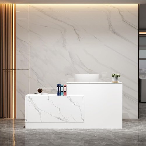 L-Shaped Reception Desk - Modern Front Counter with Lockable Drawers & Adjustable File Cabinet | Marble White, 86.6''L x 23.6''W x 41.3''H