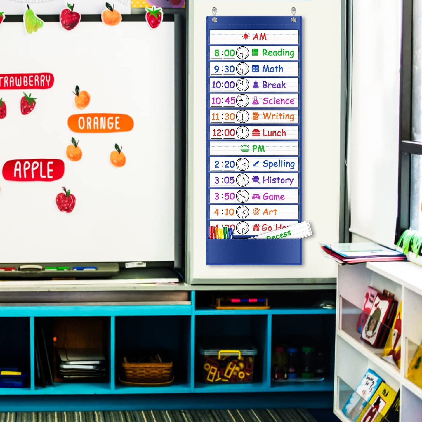 AUVCAS Daily Schedule Pocket Chart – 13+1 Pockets Visual Schedule for Kids with 18 Reusable Dry-Erase Cards & 2 Over-the-Door Hooks for Classroom, School, Home (Blue)