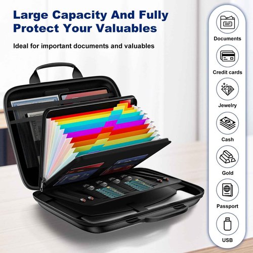 HIBWN Fireproof Document Box, Hard Case Fireproof File Organizer with Lock and 13 Pocket Accordion File Folder, Portable Safe Box for Home Office Travel to Storage Important Documents Laptop Black