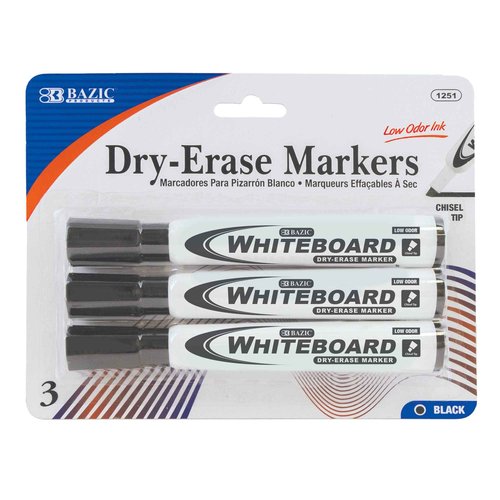 BAZIC Products Dry Erase Marker Black Color Chisel Tip, Whiteboard Pen Marcador, Low Odor Markers White Board Pens, Office School Supplies (3/Pack), 24-Packs