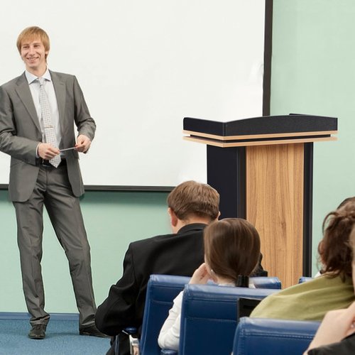 Podium Stand,Wood Podium with Wheels,Lectern with Storage,Mic Stand Space,15MM Particle Board,Wooden Pulpit for Restaurants,Churches,Seminars and Schools
