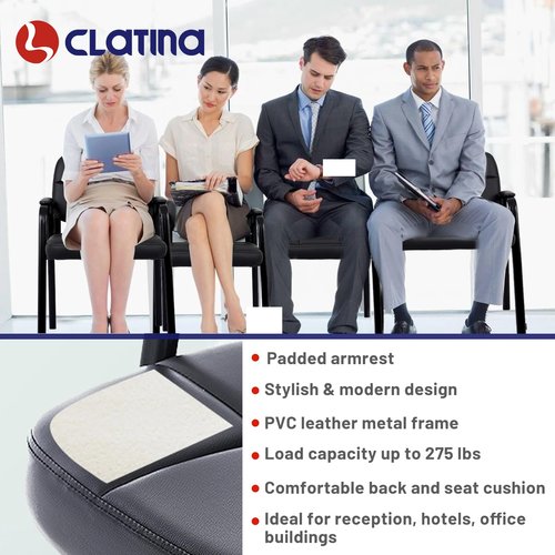 CLATINA Contemporary Leather Chair, Set of 2 - Black, Reception, Office, Guest, Waiting Room, No Wheels, Padded Arms, 275 lbs Capacity
