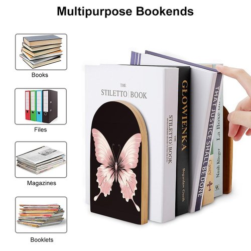 Velumair Light Pink Butterfly Book Ends Decorative Bookends for Shelves Wood Book Stopper for Home Office Desk to Hold Books 6.7 X 4.7 Inch Bookshelf Decor 1 Pair
