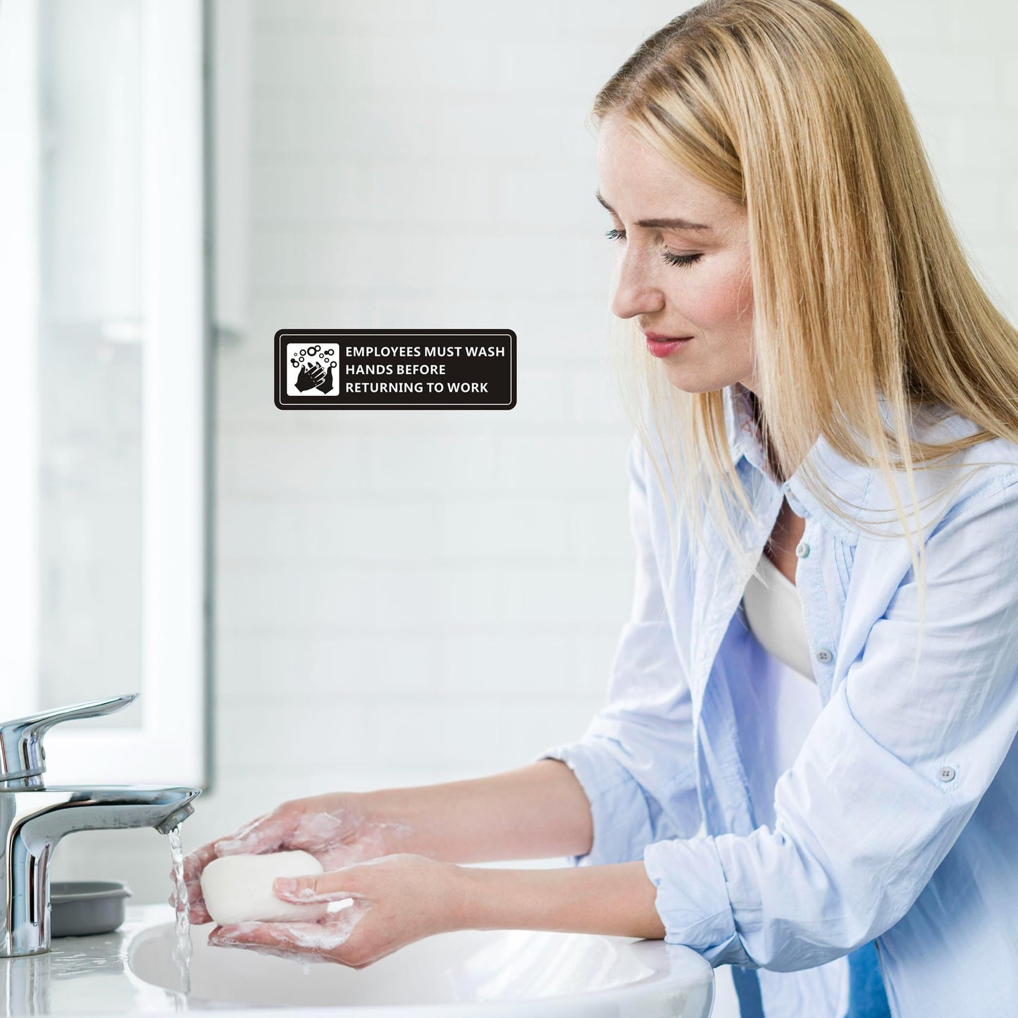 (4 Pack) Employees Must Wash Hands Sign, Self-Adhesive Metal Signage for Bathroom Office, Waterproof Aluminum Signs for Indoor Outdoor (9x3, Black)