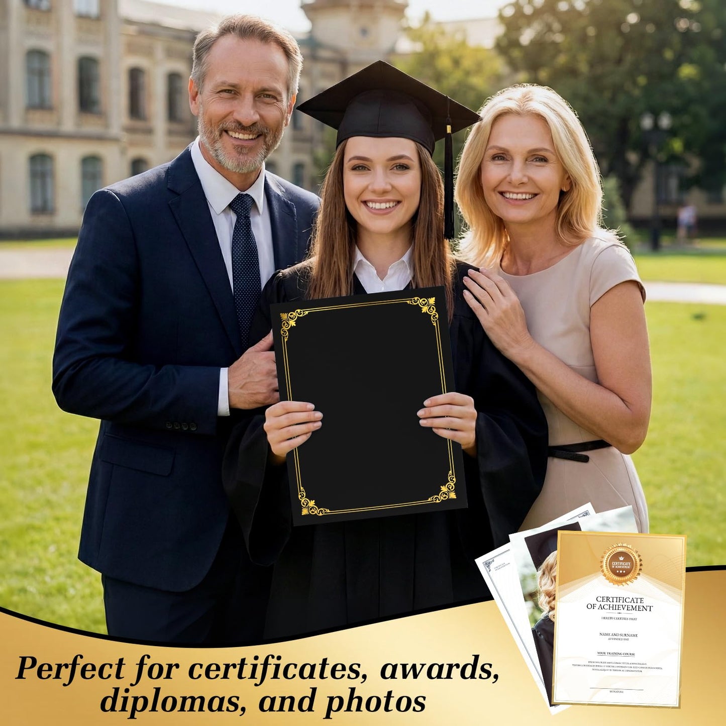 LigneDouce 30Packs Black Certificate Holders Bulk, 300gsm Cardstock Diploma Covers with Gold Foil Border, for Letter Size 8.5 x 11 Certificates, Award & Graduation Document Covers