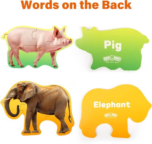 BenBen Animal Puzzles for Toddlers 2-4 | 12 Color-Coded Jigsaw Puzzles | 48 Educational Pieces