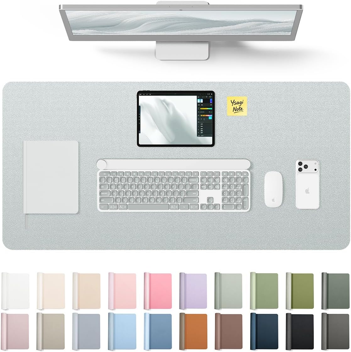 YSAGi Leather Desk Pad Protector - Large Non-Slip PU Leather Mat | Waterproof Writing Pad (Silver, 35.4" x 17")