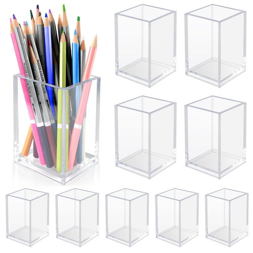 10 Pack Clear Acrylic Pen Holder for Desk, Pencil Cup Makeup Brush Organizer, Square Acrylic Pencil Holders for Office School Home Supplies, Desktop Stationery Organizer for Pens Markers Brushes