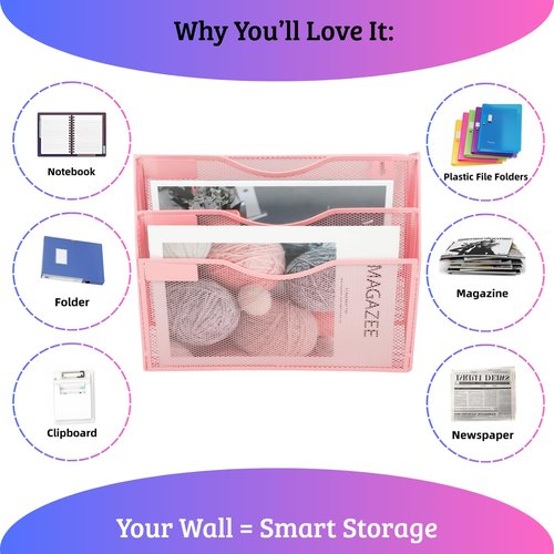 Heavty 3 Pocket Wall File Holder Organizer, Mesh Hanging Wall Mounted Document Paper Folder Filing Magazine Rack with Nametag Label for Office Home School, 3 Tier Pink