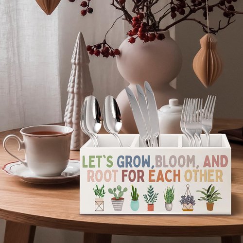 URLLUAE Boho Plant Classroom Wooden Pen Pencil Holder for Office Desk Accessories, Back to School Supplies for Students College Boys Girls Teachers First Day of School, Let's Root for Each Other