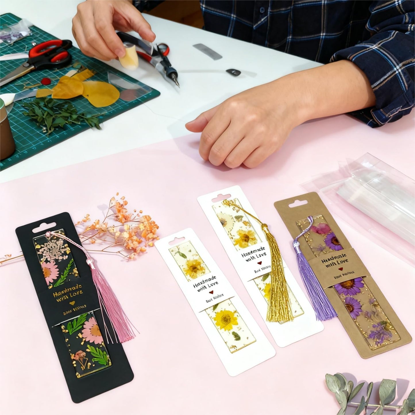 100 Set Bookmark Holder Packaging, Handmade with Love Bookmark Display Cards with Bags Hanging Resin Book Mark Sleeves Small Business Packaging Supplies for Selling Items Package Party Favors (Brown)