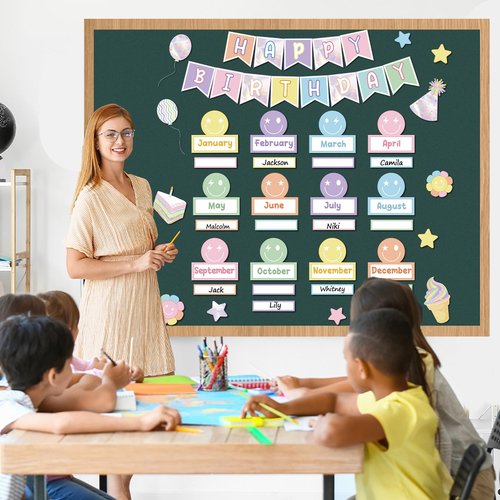 Pastel Smile Face Birthday Bulletin Board Set Happy Face Classroom Bulletin Board Decors Happy Birthday Nameplates Cake Paper Cutouts for Back to School Classroom Chalkboard Wall Door Teacher Supplies