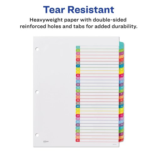 Avery 1-31 Tab Dividers for 3 Ring Binders, Customizable Table of Contents, Multicolor Tabs, 1 Set, 12 Packs (11846)