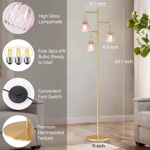 Shenmoyl Vintage Brass Floor Lamp - Stepless Dimming with 3x 6W Bulbs | Elegant Gold Design for Living Room & Nursery (Pink Tulip)