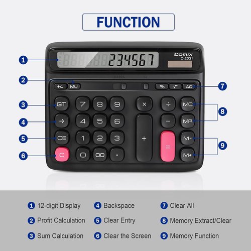 Comix Desk Calculator - 12-Digit Large LCD Display | Solar & Battery Power | Ideal for Home, Office, School