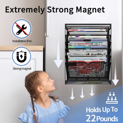 LQPAFZ 7 Tier Magnetic File Holder, No Drilling Wall File Organizer,Magnetic File Organizer Folder Holder, Hanging File Organizer, Vertical Holder Rack for File Cabinets Whiteboard refrigerator