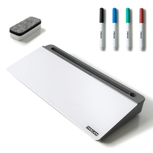 Desktop Dry Erase Board 16 x 7 inch | Glass Whiteboard with Stationary Storage Compartments | Phone and Tablet Holder for Desk or Table. White Board for Home Or Office | 4 Dry Erase Markers & Eraser