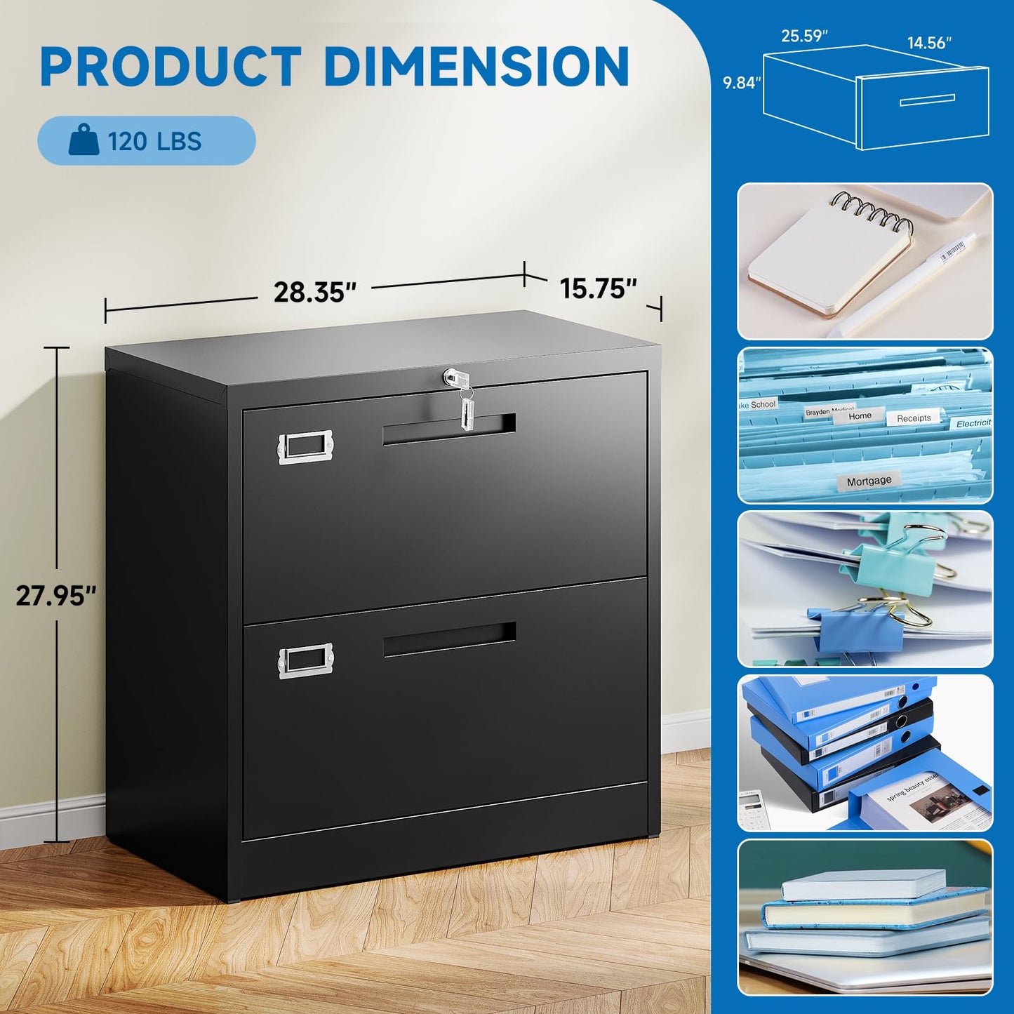 BYNSOE 2 Drawer Lateral File Cabinet Metal Filing Cabinet with Lock Office Home Steel Lateral File Cabinet for A4 Legal/Letter Size Lockable Wide Metal Cabinet,Assembly Required(2 Drawer, Black)