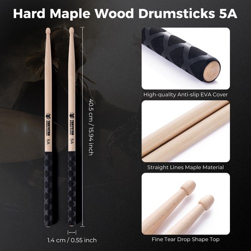 TENTOTEN Drum Sticks 3 Pairs Classic 5A Drumsticks, America Maple Wood Drumsticks for Drums Adults Kids and Beginners with ANTI-SLIP Handles