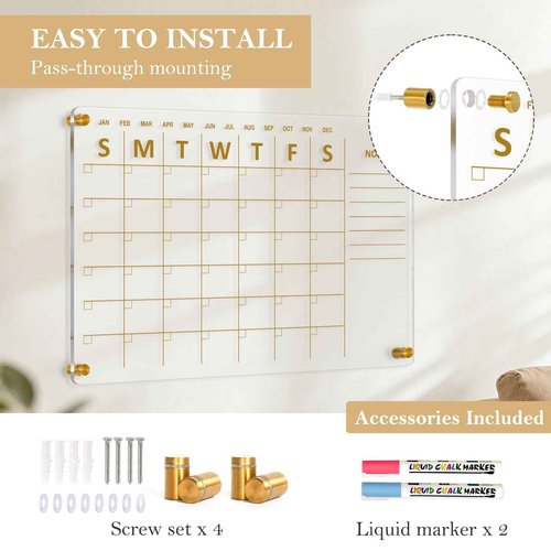 QUEENLINK Acrylic Calendar for Wall, 24"x16" Gold Dry Erase Board Weekly Planner Wall Mounted Board, Frameless White Board for Home, Office, School