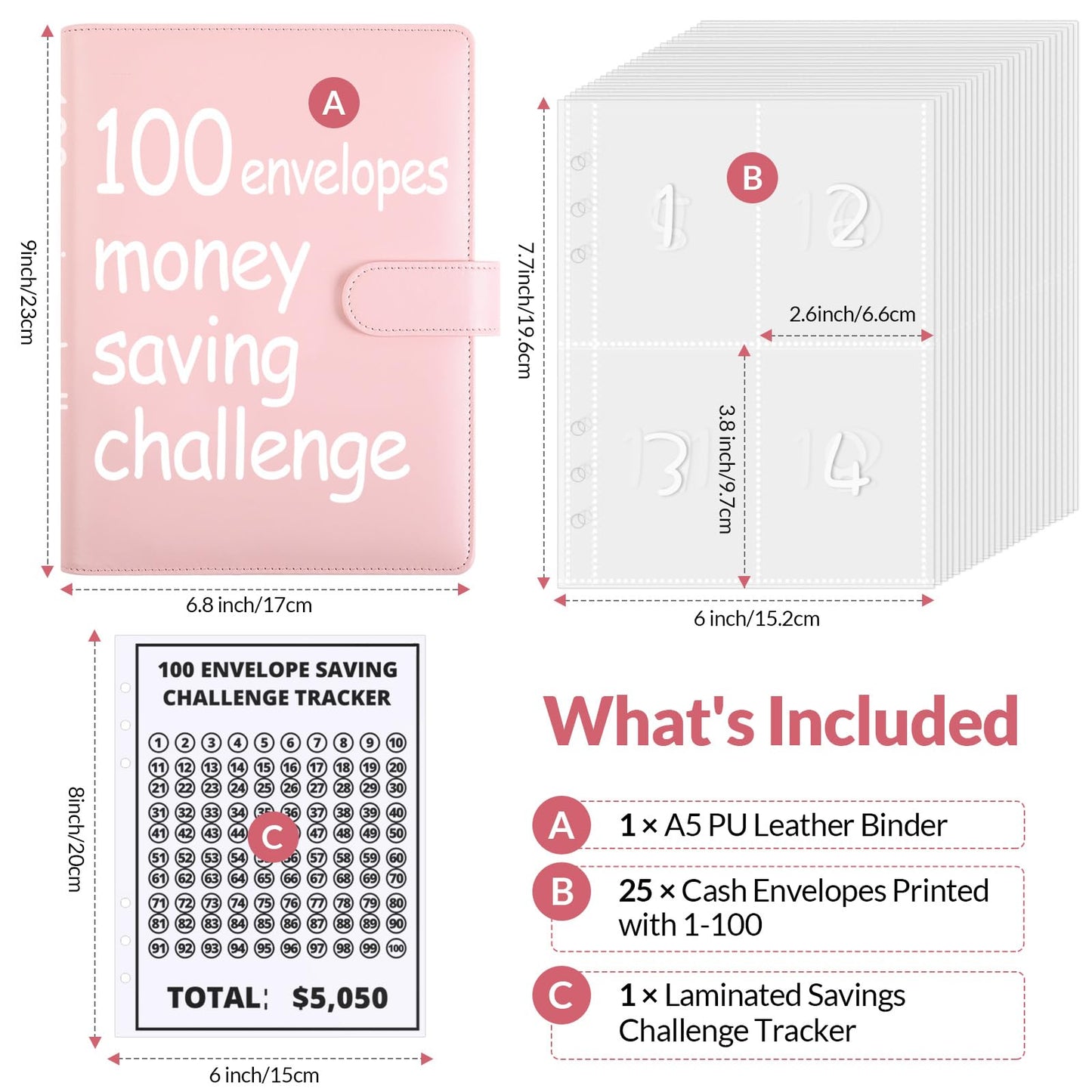 SKYDUE 100 Envelopes Money Savin Challenge Binder, A5 Money Saving Budget Binder with Cash Envelopes - Savings Challenges Book to Save $5,050