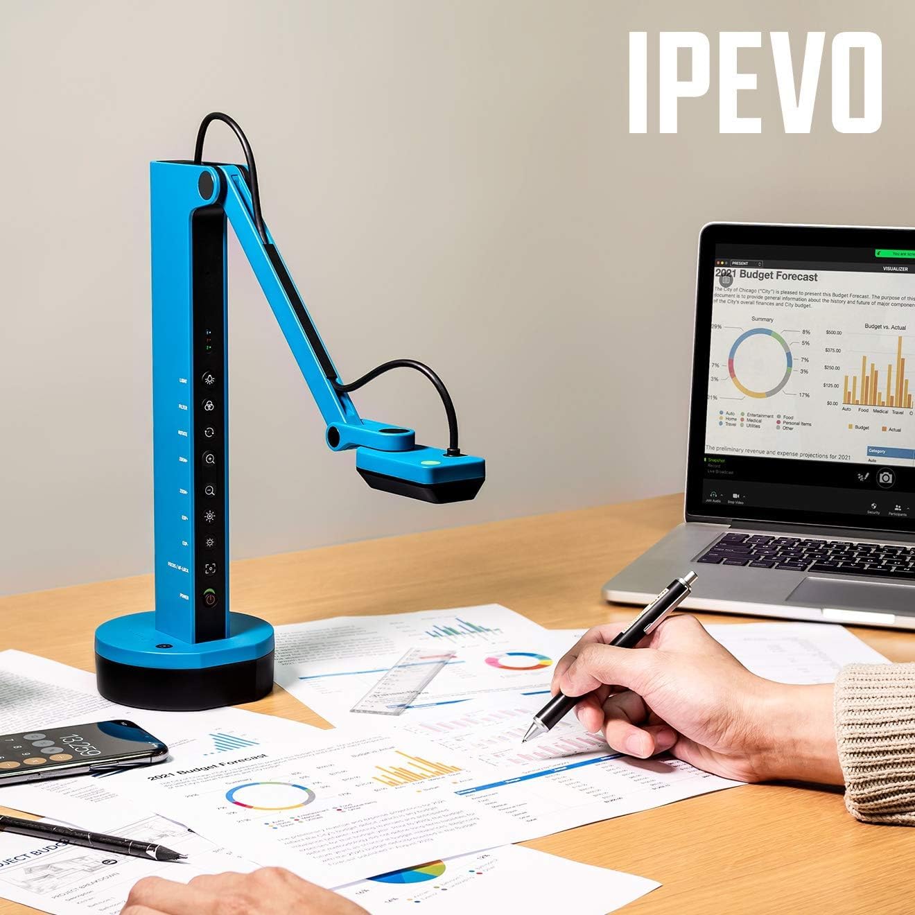 IPEVO VZ-X Wireless 4K Document Camera with EZCast Adaptor for Wireless Casting to HDMI Monitor or TV Without a PC; Wi-Fi, HDMI, and USB, Compatible with Web Conferencing Software in USB Mode