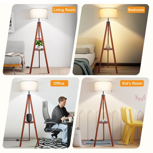 OUTON Dimmable Wood Tripod Floor Lamp with Shelves, Remote Control, Mid Century Modern Standing Lamp 58.5" for Bedroom, Living Room, and Office, Flaxen Lamp Shade Include E26 9W Bulb