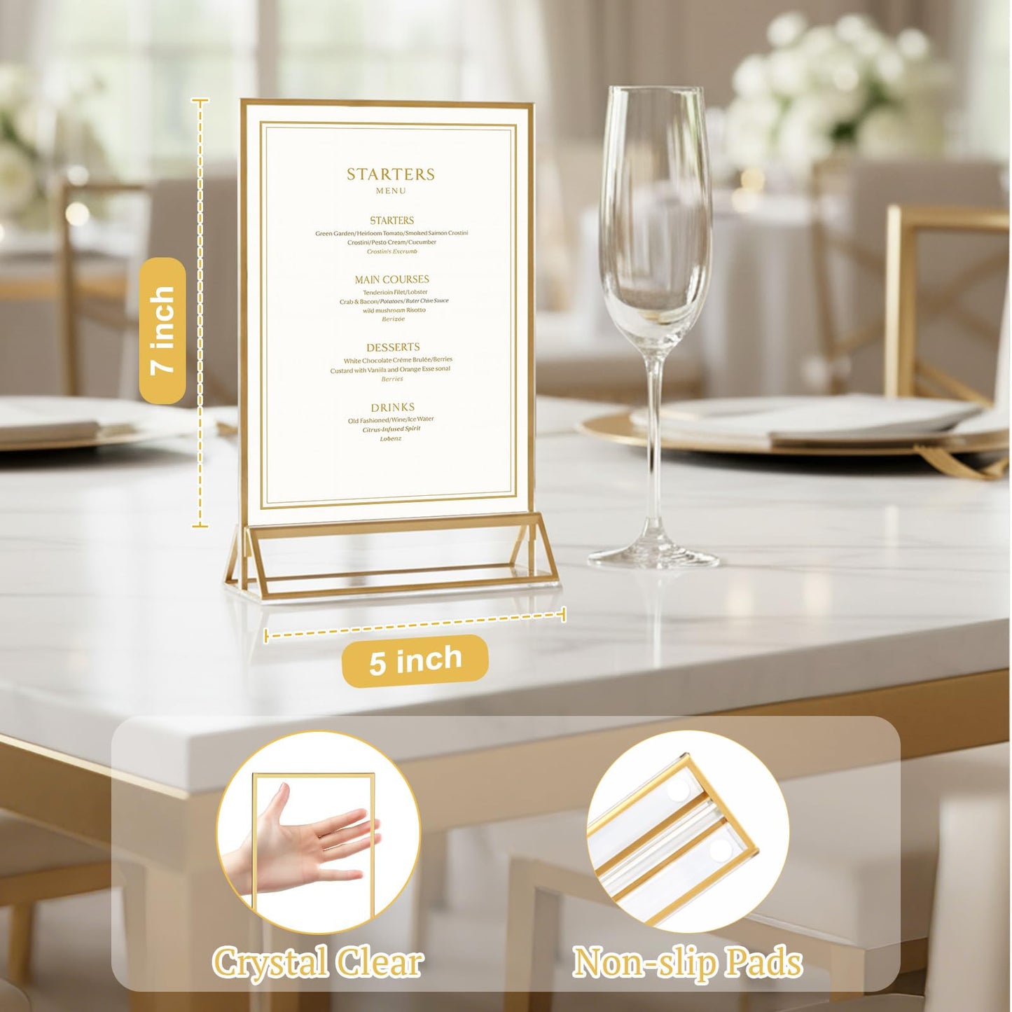 EHWINE 24 Pack Acrylic Sign Holder 5 x 7, Double Sided Gold Picture Frame Stand up Table Top Sign Holders, Clear Display Stand Menu Flyer Holder for Wedding Party