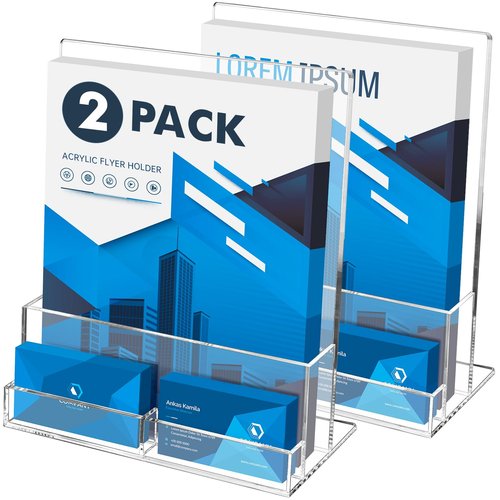 BEYGORM Acrylic Flyer Holder with Business Card Holder for 400 Flyers, 2 Pack Clear Stands for Display, Brochure Holder for Trade Show, Pamphlet, Magazine, Literature, Booklets