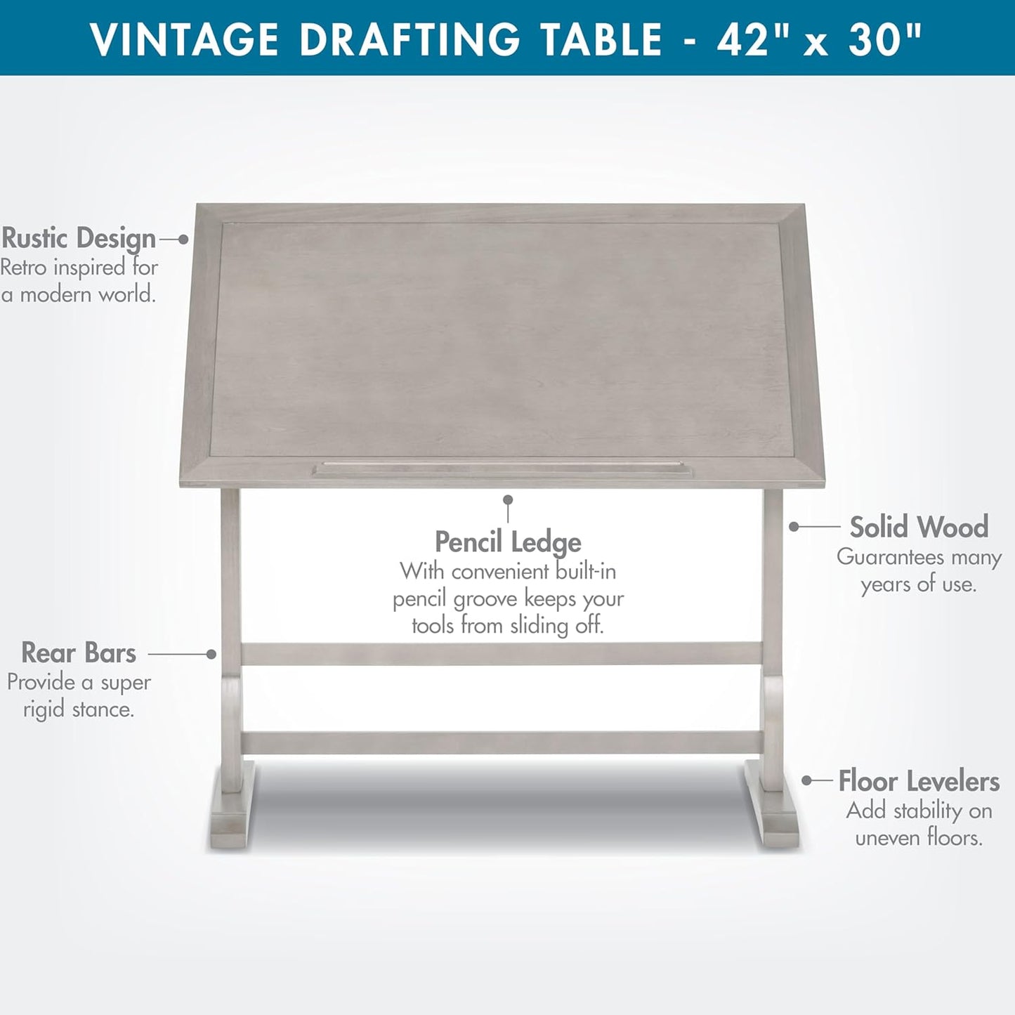 Studio Designs Wood Drafting Table - Adjustable Tilting Top with Pencil Ledge - 42" W x 30" D - Whitewash