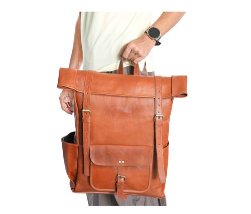 jaald 23" Brown Leather Backpack Vintage Rucksack Laptop Bag Large Travel Roll Top College Bookbag Comfortable Lightweight Travel Hiking/picnic For Men