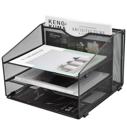 EASEPRES Mesh Desktop File Organizer, Document Mail Desk Folder Holder with 3 Paper Letter Tray and 1 Vertical Upright Compartment for Office Supplies, Desk Accessories & Workspace, Black