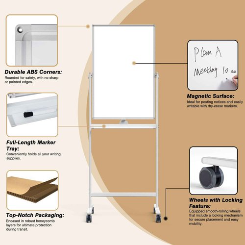 Rolling Whiteboard/w Height Adjustable, Mifuro 24 X 36 Large Portable Dry Erase Board with Stand and Wheels for Office,Classroom &School, White
