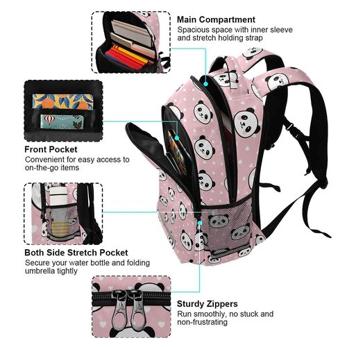 MNSRUU School Backpack with Chest Strap, Dot With Cute Panda Laptop Backpack, Travel Hiking Backpack for Boys Girls, Rucksack, Knapsack