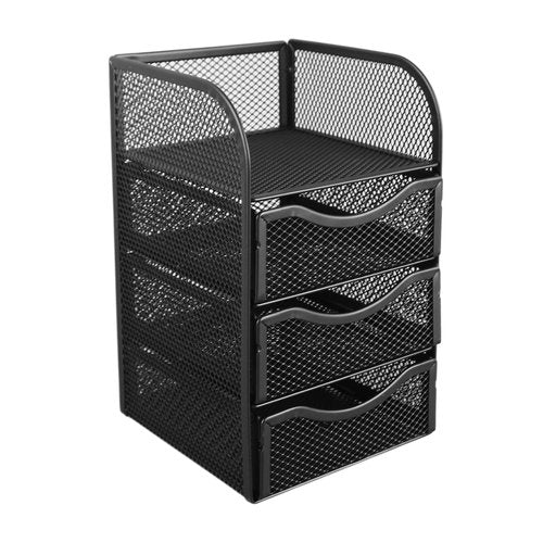 HEEPDD 3 Tier Mesh Office Desktop Organizer with 3 Drawer, Mini Desk Supplies Office Supplies Organizer Metal Stationary Black Desk Caddy
