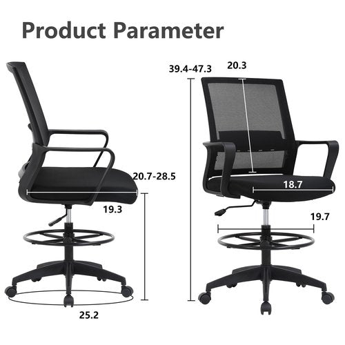PayLessHere Drafting Chair Computer Standing Desk Chair Tall Office Chair with Lumbar Support Adjustable Foot Ring for Mesh Ergonomic Mid-Back Desk Chair (Black)