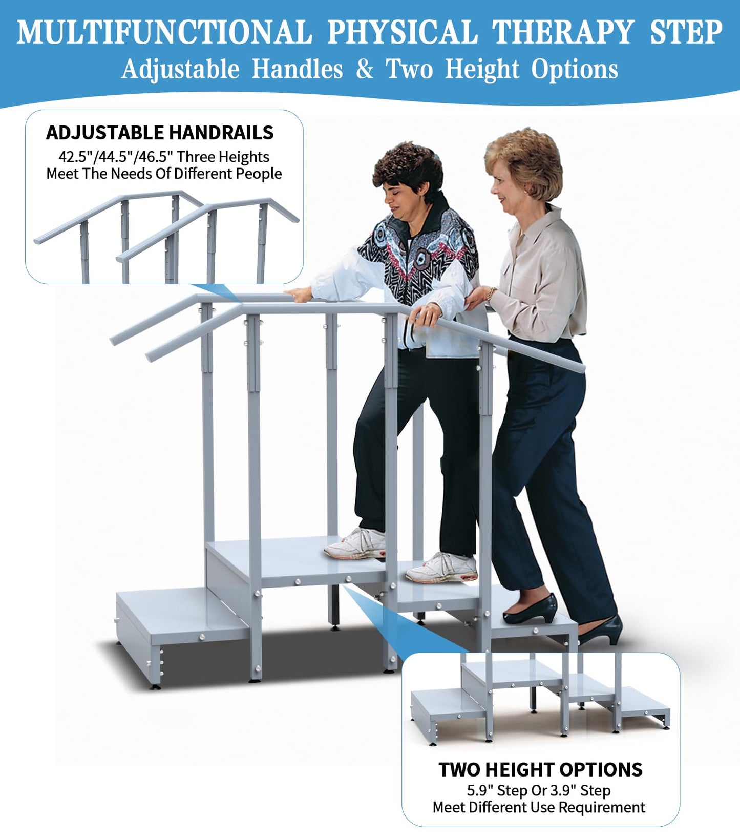 Up & Down Physical Therapy Step, Iron Alloy Therapy Stairs with Adjustable Handrails, Non-Slip Therapy Equipment for Home/Professional Rehabilitation Exercises(600LBs Capacity, Two Height Options)