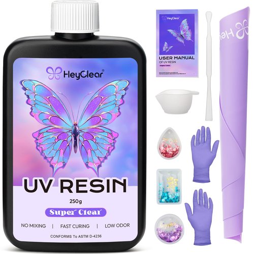 HeyClear 250g UV Resin kit -Crystal Clear, Hard Premixed UV Epoxy Resina para Manualidades Fast Curing with Silicone Molds, Mat for Beginners Jewelry Making, DIY Crafts Art, Casting Coating