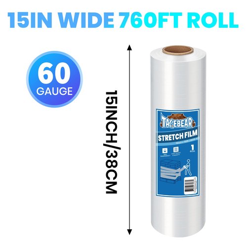 TAPEBEAR Stretch Wrap Film 15" x 760Ft Shrink Wrap Roll, Industrial Strength Clear Plastic Wrap Heavy Duty Self-Adhering Cling Wrap for Furniture Moving, Luggage Packing, Pallet Wrap, 60 Gauge, 4Rolls