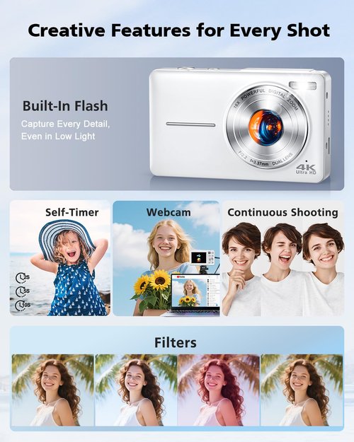 YAXTIFIU 4K Digital Camera, 64MP Autofocus Vlogging Camera with Front Rear Lens, Flash, 16X Zoom, Anti-Shake, 32GB Card, Compact Point Shoot Camera for Teens Adult Beginner Travel Photography(White)