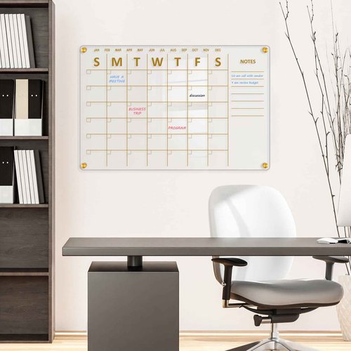 QUEENLINK Acrylic Calendar for Wall, 24"x16" Gold Dry Erase Board Weekly Planner Wall Mounted Board, Frameless White Board for Home, Office, School
