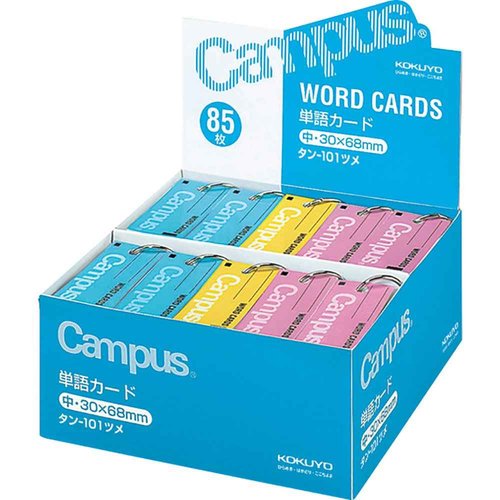 Kokuyo Campus Flash Cards with Binder Rings, Word Cards, Anki Cards, Mini Notecards, Medium Size 0.12''x 2.68'', 30 Packs in Blue, Pink and Yellow, Japan Import (TAN-101TSUME)