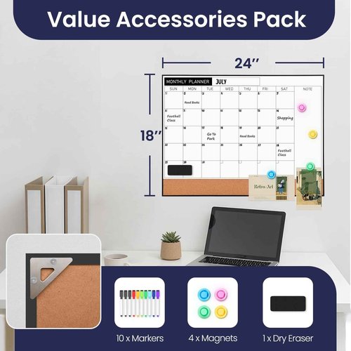 Lumspax Dry Erase Calendar with Cork, 24" x 18" Large Calendar Whiteboard for Wall, Black Narrow Frame Monthly Combination Board for School, Home, Office
