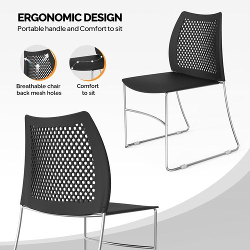 VINGLI Stacking Chairs Set of 10 Stackable Office Chairs with Metal Sled Base, Ergonomic Plastic Seat & Holes Back, Stacking Chairs for Waiting Room Break Room Banquet Guest, Black
